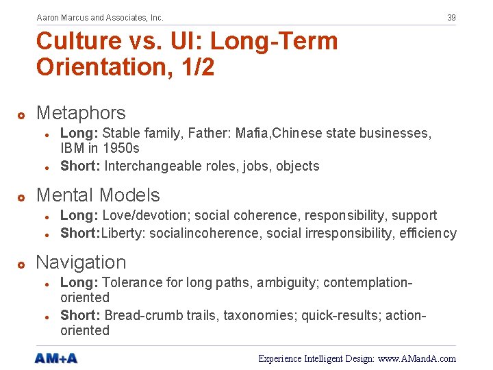 Aaron Marcus and Associates, Inc. 39 Culture vs. UI: Long-Term Orientation, 1/2 £ Metaphors