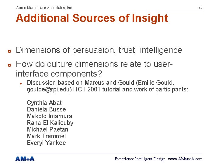 Aaron Marcus and Associates, Inc. 44 Additional Sources of Insight £ £ Dimensions of