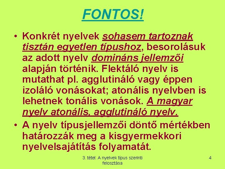 FONTOS! • Konkrét nyelvek sohasem tartoznak tisztán egyetlen típushoz, besorolásuk az adott nyelv domináns