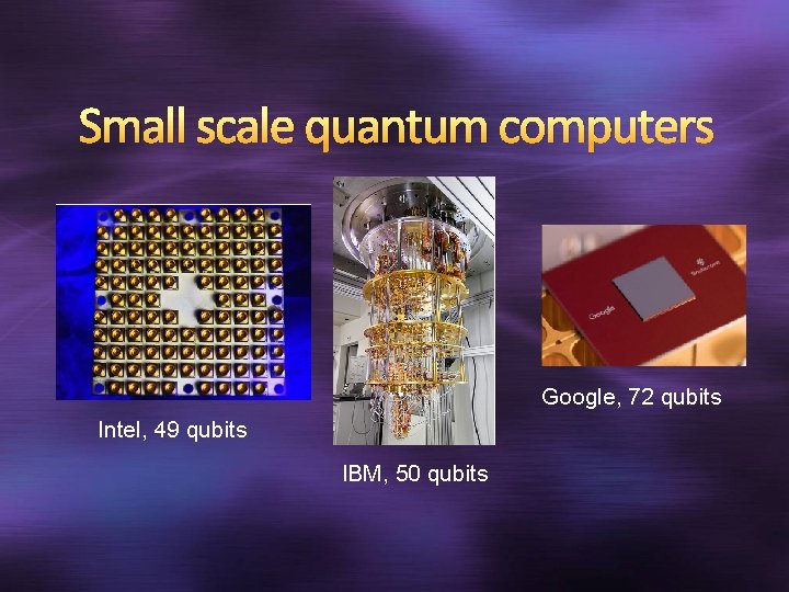 Small scale quantum computers Google, 72 qubits Intel, 49 qubits IBM, 50 qubits 