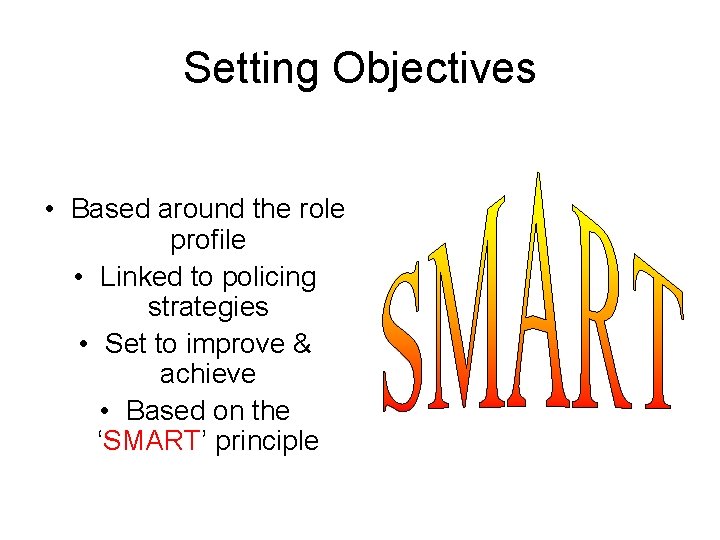 Setting Objectives • Based around the role profile • Linked to policing strategies •