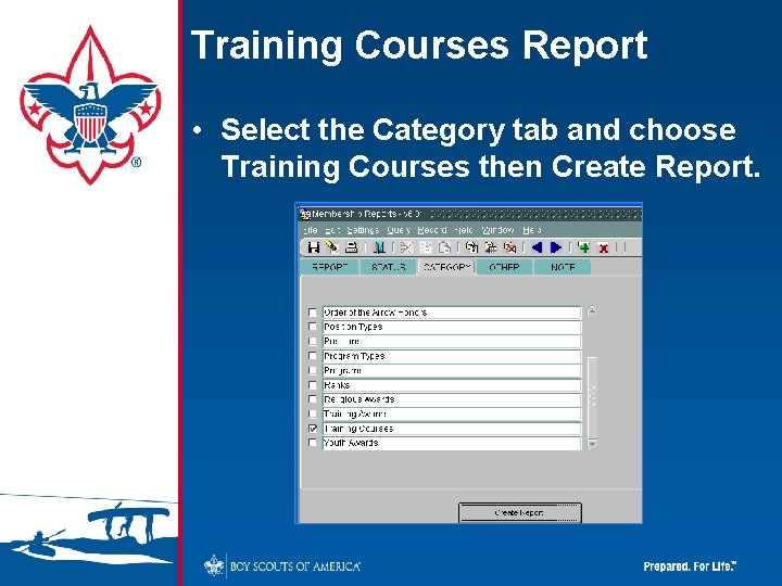 Training Courses Report • Select the Category tab and choose Training Courses then Create