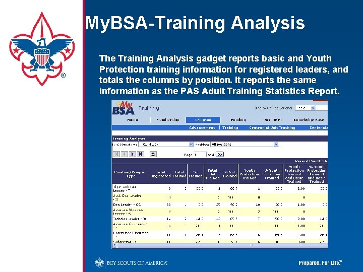 My. BSA-Training Analysis The Training Analysis gadget reports basic and Youth Protection training information