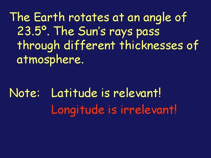 The Earth rotates at an angle of 23. 5º. The Sun’s rays pass through