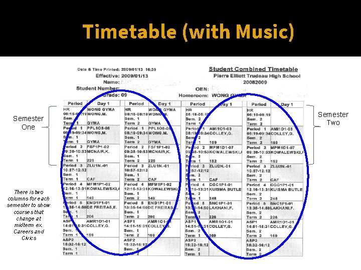 Timetable (with Music) Semester One There is two columns for each semester to show