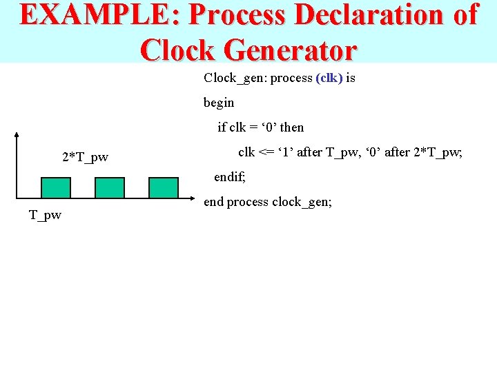 EXAMPLE: Process Declaration of Clock Generator Clock_gen: process (clk) is begin if clk =