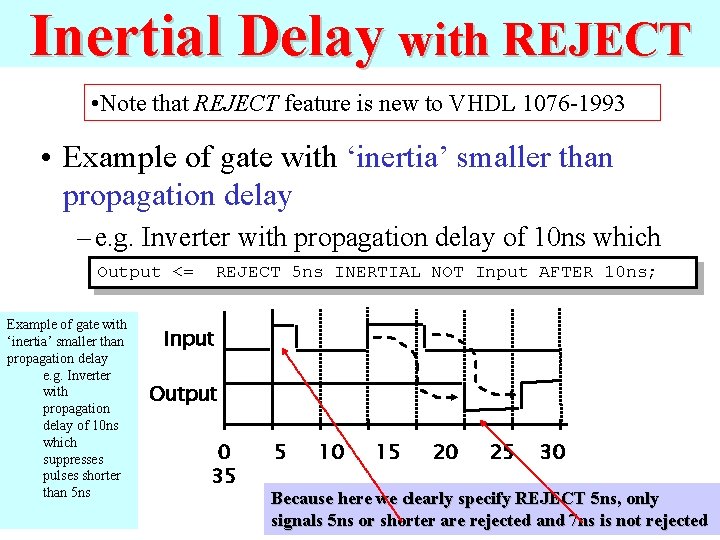 Inertial Delay with REJECT • Note that REJECT feature is new to VHDL 1076