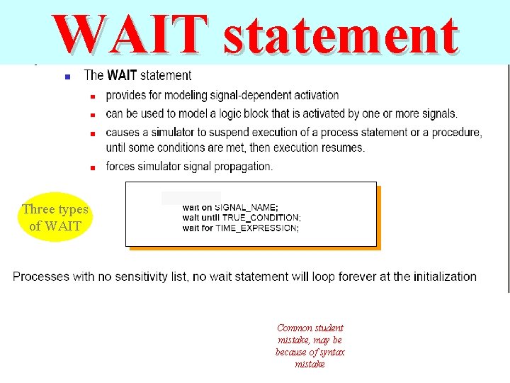 WAIT statement Three types of WAIT Common student mistake, may be because of syntax