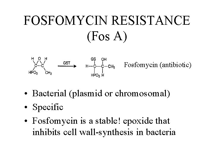 FOSFOMYCIN RESISTANCE (Fos A) Fosfomycin (antibiotic) • Bacterial (plasmid or chromosomal) • Specific •