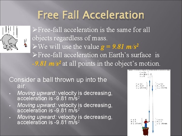 Free Fall Acceleration ØFree-fall acceleration is the same for all objects regardless of mass. Free Fall Acceleration ØFree-fall acceleration is the same for all objects regardless of mass.