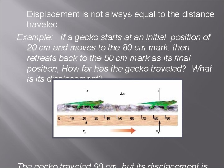 Displacement is not always equal to the distance traveled. Example: If a gecko starts Displacement is not always equal to the distance traveled. Example: If a gecko starts