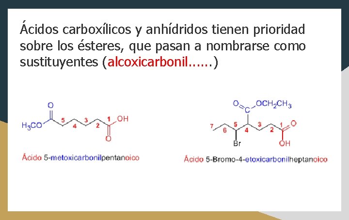 Ácidos carboxílicos y anhídridos tienen prioridad sobre los ésteres, que pasan a nombrarse como