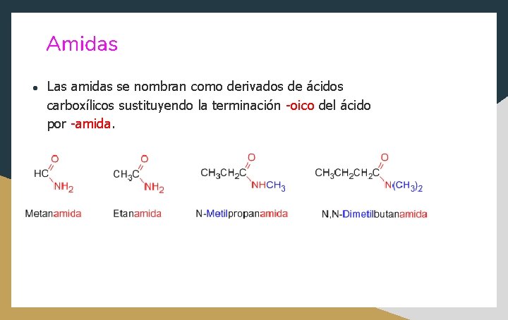 Amidas ● Las amidas se nombran como derivados de ácidos carboxílicos sustituyendo la terminación