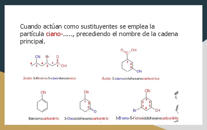 Cuando actúan como sustituyentes se emplea la partícula ciano-. . . , precediendo el