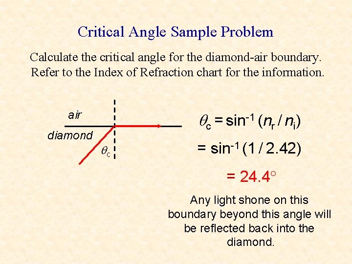 Critical Angle Sample Problem Calculate the critical angle for the diamond-air boundary. Refer to