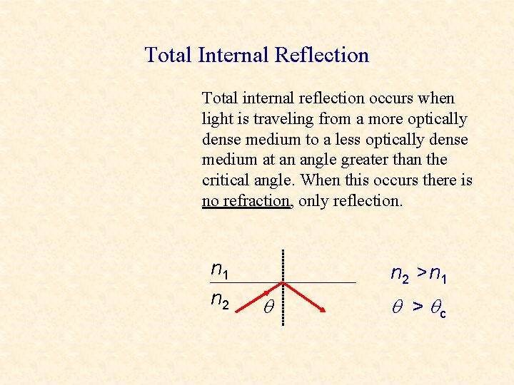 Total Internal Reflection Total internal reflection occurs when light is traveling from a more