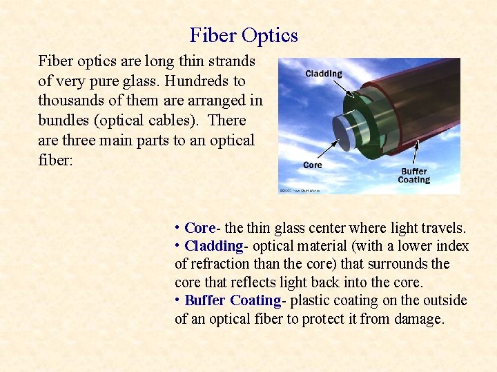 Fiber Optics Fiber optics are long thin strands of very pure glass. Hundreds to