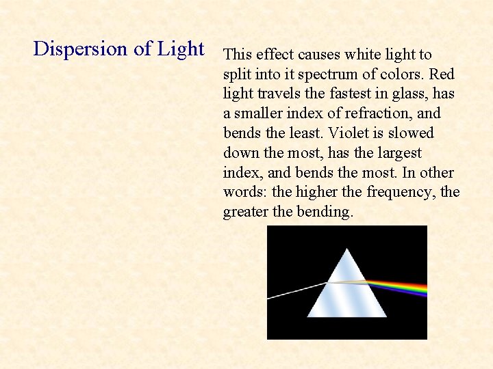 Dispersion of Light This effect causes white light to split into it spectrum of