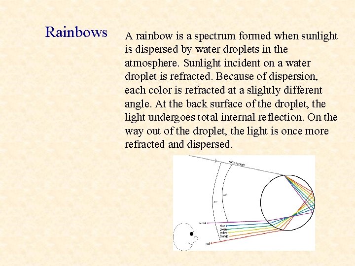 Rainbows A rainbow is a spectrum formed when sunlight is dispersed by water droplets