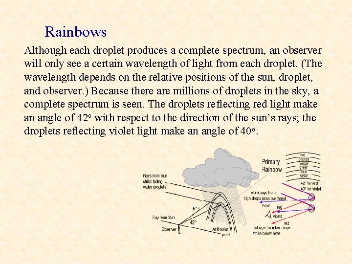 Rainbows Although each droplet produces a complete spectrum, an observer will only see a