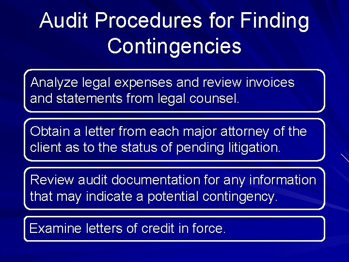 Audit Procedures for Finding Contingencies Analyze legal expenses and review invoices and statements from