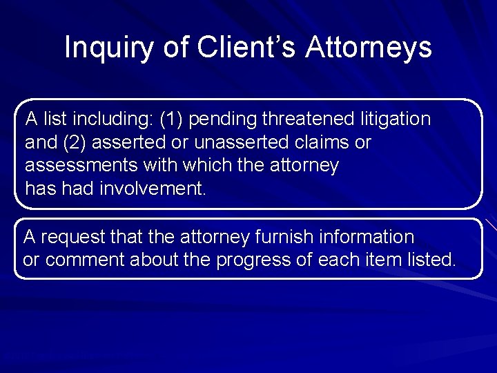 Inquiry of Client’s Attorneys A list including: (1) pending threatened litigation and (2) asserted