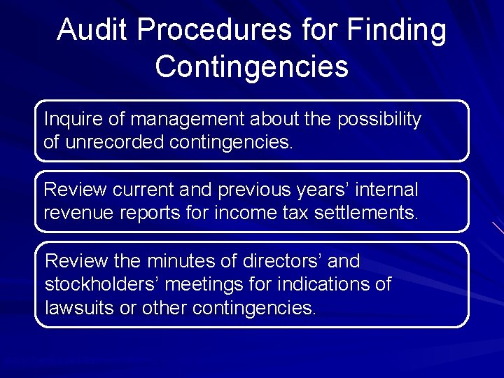 Audit Procedures for Finding Contingencies Inquire of management about the possibility of unrecorded contingencies.