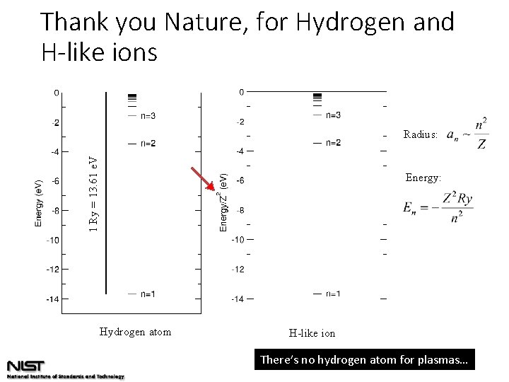 Thank you Nature, for Hydrogen and H-like ions 1 Ry = 13. 61 e.