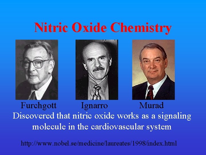 Nitric Oxide Chemistry Furchgott Ignarro Murad Discovered that nitric oxide works as a signaling