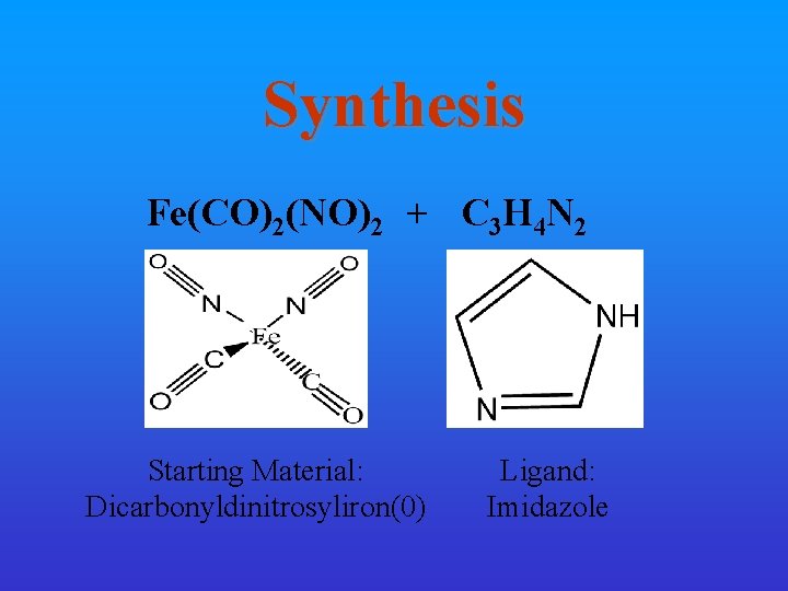 Synthesis Fe(CO)2(NO)2 + C 3 H 4 N 2 Starting Material: Dicarbonyldinitrosyliron(0) Ligand: Imidazole