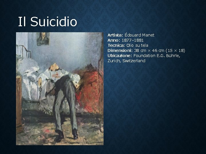 Il Suicidio Artista: Édouard Manet Anno: 1877– 1881 Tecnica: Olio su tela Dimensioni: 38