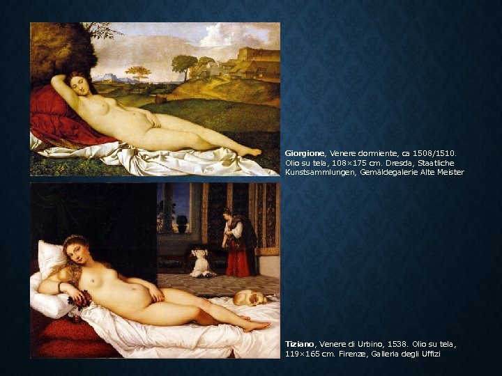 Giorgione, Venere dormiente, ca 1508/1510. Olio su tela, 108× 175 cm. Dresda, Staatliche Kunstsammlungen,