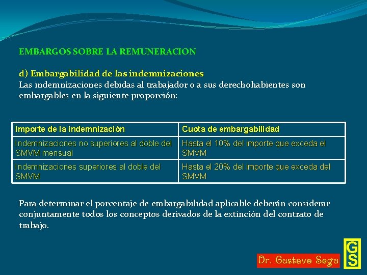 EMBARGOS SOBRE LA REMUNERACION d) Embargabilidad de las indemnizaciones Las indemnizaciones debidas al trabajador