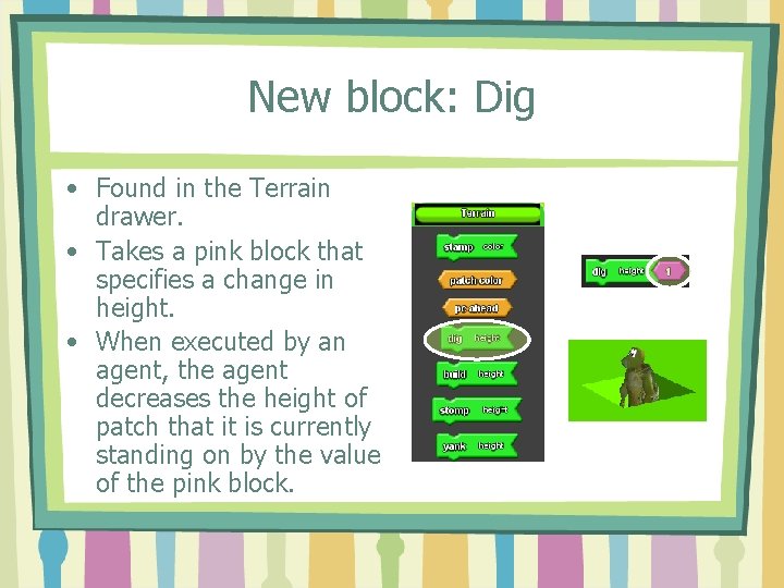 New block: Dig • Found in the Terrain drawer. • Takes a pink block