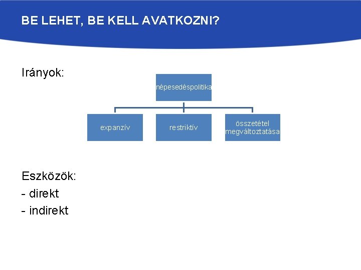 BE LEHET, BE KELL AVATKOZNI? Irányok: népesedéspolitika expanzív Eszközök: - direkt - indirekt restriktív