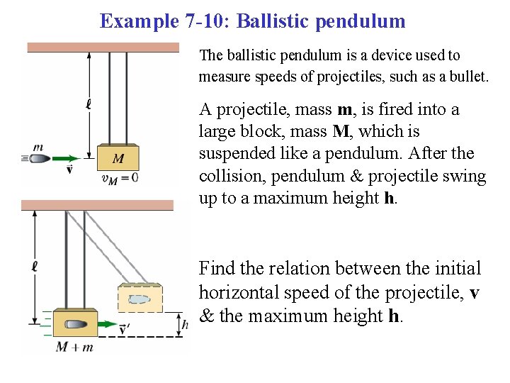 Example 7 -10: Ballistic pendulum The ballistic pendulum is a device used to measure