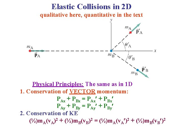 Elastic Collisions in 2 D qualitative here, quantitative in the text Physical Principles: The
