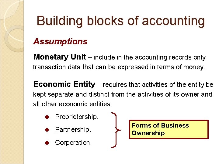 Building blocks of accounting Assumptions Monetary Unit – include in the accounting records only