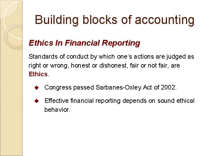 Building blocks of accounting Ethics In Financial Reporting Standards of conduct by which one’s