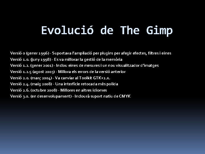 Evolució de The Gimp Versió 0 (gener 1996) - Suportava l’ampliació per plugins per