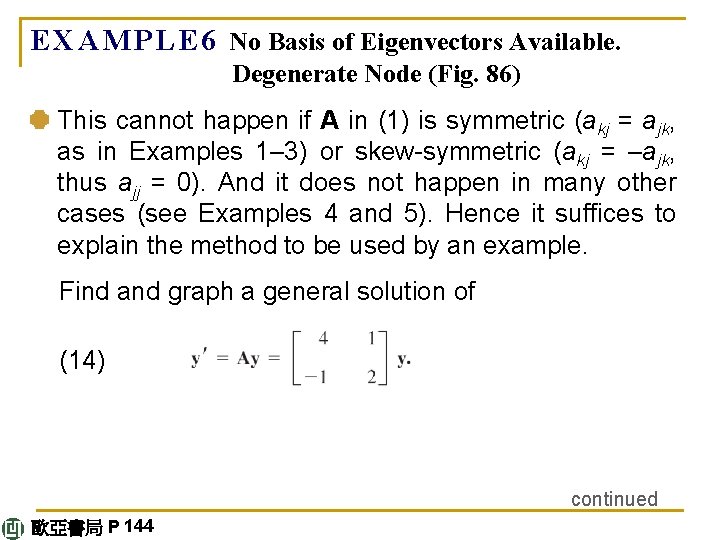 E X A M P L E 6 No Basis of Eigenvectors Available. Degenerate