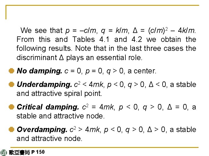  We see that p = –c/m, q = k/m, Δ = (c/m)2 –