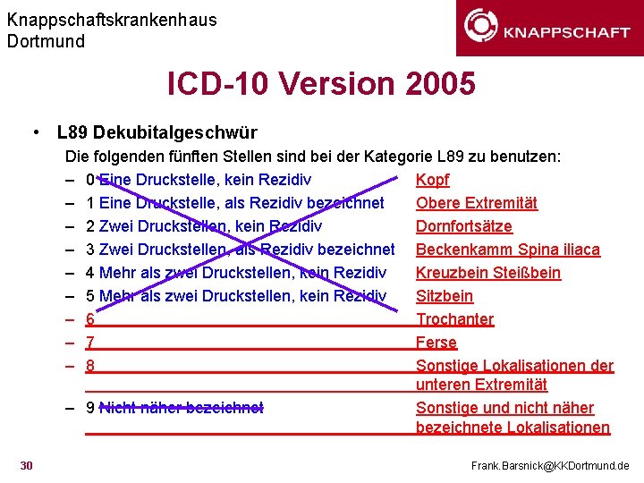 Knappschaftskrankenhaus Dortmund ICD-10 Version 2005 • L 89 Dekubitalgeschwür Die folgenden fünften Stellen sind