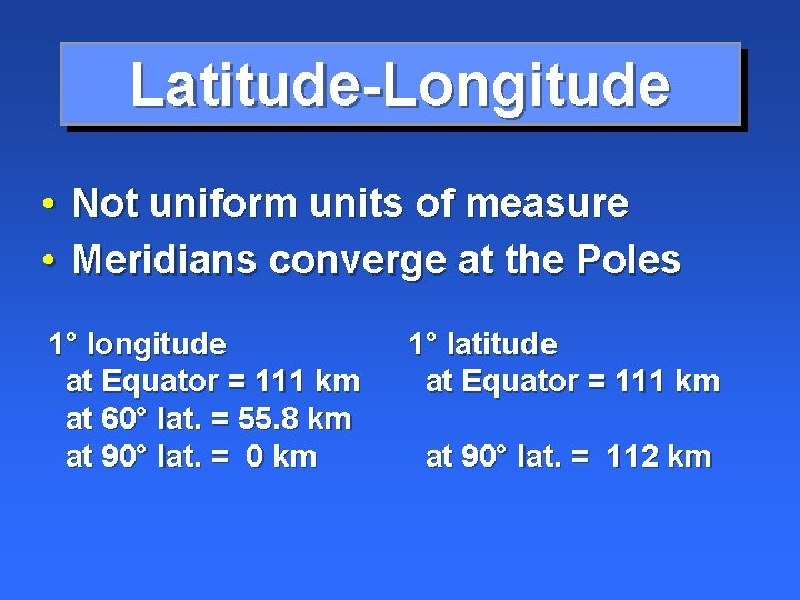 Latitude-Longitude • Not uniform units of measure • Meridians converge at the Poles 1°