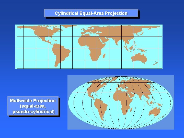 Cylindrical Equal-Area Projection Mollweide Projection (equal-area, psuedo-cylindrical) 