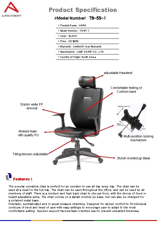 Product Specification #Model Number: TS-55 -1 ▸ Product Name : KARA ▸ Model Number