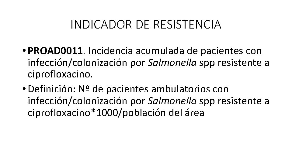 INDICADOR DE RESISTENCIA • PROAD 0011. Incidencia acumulada de pacientes con infección/colonización por Salmonella