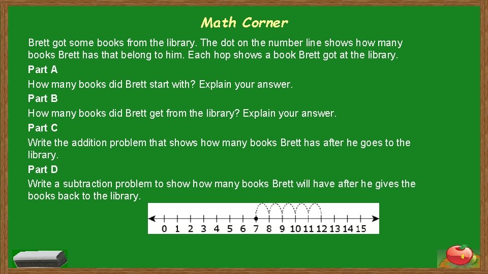 Math Corner Brett got some books from the library. The dot on the number