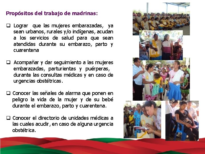 Propósitos del trabajo de madrinas: q Lograr que las mujeres embarazadas, ya sean urbanos,