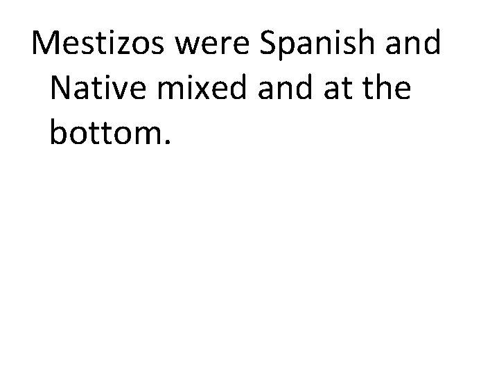 Mestizos were Spanish and Native mixed and at the bottom. 